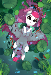 Size: 1300x1900 | Tagged: safe, alternate character, alternate version, artist:nazori, oc, oc only, fish, pegasus, pony, cattails, colored wings, commission, featureless crotch, lilypad, lying down, on back, outdoors, pegasus oc, pond, reeds, solo, spread wings, two toned wings, water, wings, ych result