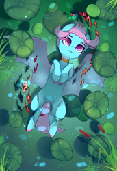 Size: 1300x1900 | Tagged: safe, alternate character, alternate version, artist:nazori, oc, oc only, bat pony, fish, pony, bat pony oc, bat wings, cattails, commission, featureless crotch, lilypad, lying down, on back, outdoors, pond, reeds, solo, spread wings, water, wings, ych result