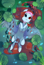 Size: 1300x1900 | Tagged: safe, alternate character, alternate version, artist:nazori, oc, oc only, fish, pegasus, pony, cattails, commission, featureless crotch, heterochromia, lilypad, lying down, on back, outdoors, pegasus oc, pond, reeds, solo, spread wings, water, wings, ych result