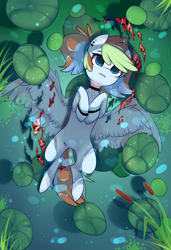 Size: 1300x1900 | Tagged: safe, alternate character, alternate version, artist:nazori, oc, oc only, fish, pegasus, pony, cattails, commission, featureless crotch, lilypad, lying down, on back, outdoors, pegasus oc, pond, reeds, solo, spread wings, water, wings, ych result