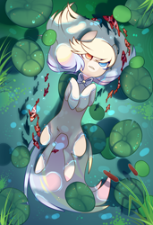 Size: 1300x1900 | Tagged: safe, alternate character, alternate version, artist:nazori, oc, oc only, earth pony, fish, pony, cattails, commission, earth pony oc, featureless crotch, heterochromia, lilypad, lying down, on back, outdoors, pond, reeds, solo, water, ych result