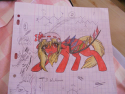 Size: 900x675 | Tagged: safe, artist:myusuran-blackwolf, bat pony, pony, chemistry, doodle, female, flandre scarlet, mare, ponified, touhou, traditional art