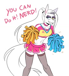 Size: 1040x1156 | Tagged: safe, artist:redxbacon, oc, oc only, oc:rubber bunny, anthro, cheerleader, cheerleader outfit, clothes, female, heterochromia, pom pom, socks, solo, thigh highs