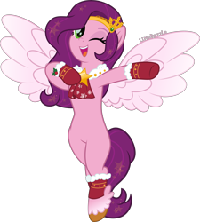 Size: 3596x4000 | Tagged: safe, artist:limedazzle, part of a set, pipp petals, pegasus, pony, g5, my little pony: a new generation, adorapipp, ambiguous facial structure, bipedal, christmas, cute, holiday, looking at you, one eye closed, simple background, smiling, solo, spread wings, sultry pose, transparent background, wings, wink, winking at you