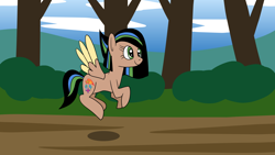 Size: 1920x1080 | Tagged: safe, artist:platinumdrop, oc, oc only, oc:thunder burst, pegasus, pony, female, flying, green eyes, mare, multicolored mane, multicolored tail, outdoors, pegasus oc, request, shadow, smiling, solo, spread wings, tail, wings