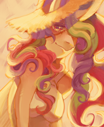 Size: 1800x2200 | Tagged: safe, artist:yuyusunshine, princess celestia, alicorn, anthro, g4, hair over one eye, hat, looking at you, smiling, solo, straw hat