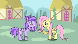 Size: 1920x1080 | Tagged: safe, artist:platinumdrop, fluttershy, oc, oc:picnic starlight, pegasus, pony, g4, blue eyes, bow, duo, duo female, eye contact, female, folded wings, full body, grin, hair bow, house, looking at each other, looking at someone, mare, open mouth, open smile, outdoors, pegasus oc, pink mane, pink tail, raised hoof, request, shadow, smiling, smiling at each other, standing, tail, teal eyes, two toned mane, two toned tail, wings