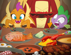 Size: 1000x773 | Tagged: safe, artist:queencold, garble, smolder, spike, dragon, fish, lobster, g4, dragoness, egg, feast of fire, female, food, gem, male, meat, ribs, screaming, seafood, soup