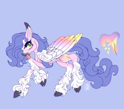 Size: 2064x1815 | Tagged: safe, artist:pegasus004, oc, oc:lavender breeze, pegasus, pony, blue background, colored wings, curly mane, gradient wings, large wings, leg fluff, long legs, simple background, slender, solo, thin, tongue out, wings