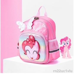 Size: 801x801 | Tagged: safe, pinkie pie, g4, backpack, cute, diapinkes, eyes closed, heart, irl, merchandise, open mouth, photo, pink background, simple background, smiling, spread wings, text, white background, wings