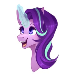 Size: 1200x1200 | Tagged: safe, artist:buvanybu, starlight glimmer, pony, unicorn, g4, bust, cute, female, glimmerbetes, magic, magic aura, mare, open mouth, purple eyes, reformed starlight, simple background, smiling, solo, white background