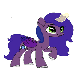 Size: 700x700 | Tagged: safe, artist:princessmoonlight, artist:switchyswap, oc, oc:moonstone comet, alicorn, pony, 2022 community collab, derpibooru community collaboration, blue mane, blue tail, blue tip on wings, folded wings, glowing, glowing horn, horn, light green eyes, looking at you, purple wings, raised hoof, simple background, solo, standing, tail, transparent background, wings