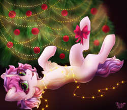 Size: 3000x2600 | Tagged: safe, artist:jsunlight, oc, pony, unicorn, chest fluff, christmas, christmas tree, high res, holiday, lying down, on back, solo, tree