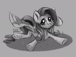 Size: 2048x1535 | Tagged: safe, artist:rottengotika, fluttershy, pegasus, pony, g4, cute, female, grass, looking at you, mare, monochrome, shyabetes, smiling, solo, sprawl, spread hooves, spread legs, spread wings, spreading, three quarter view, underhoof, wings