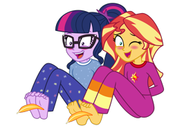 Size: 7600x5760 | Tagged: safe, artist:emeraldblast63, sci-twi, sunset shimmer, twilight sparkle, equestria girls, g4, arm behind back, barefoot, blushing, bondage, clothes, duo, feather, feet, fetish, one eye closed, open mouth, open smile, pajamas, simple background, smiling, tickle fetish, tickling, tied up, transparent background, wiggling toes