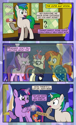Size: 1920x3169 | Tagged: safe, artist:alexdti, moondancer, starlight glimmer, sunburst, twilight sparkle, oc, oc:star logic, oc:warm focus, alicorn, pony, unicorn, comic:quest for friendship, g4, aweeg*, blaze (coat marking), cloak, clothes, coat markings, comic, cupcake, dialogue, eye contact, facial markings, female, folded wings, food, frown, glasses, glowing, glowing horn, high res, hoof hold, horn, looking at each other, looking at someone, magic, magic aura, male, mare, messy mane, open mouth, open smile, puffy cheeks, raised eyebrow, raised hoof, shoulder devil, sign, smiling, socks (coat markings), speech bubble, stallion, standing, sunburst's cloak, sunburst's glasses, tail, telekinesis, twilight sparkle (alicorn), twilight's castle, two toned mane, two toned tail, underhoof, unicorn oc, wings