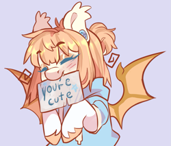 Size: 905x770 | Tagged: safe, artist:cheekipone, oc, oc only, oc:honey milk, bat pony, pony, bat pony oc, blushing, clothes, cute, eyes closed, hoodie, mouth hold, sign, smiling, solo, spread wings, wings