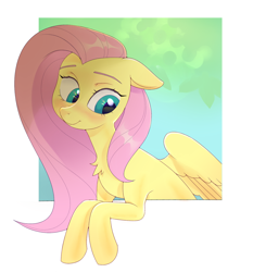 Size: 1280x1372 | Tagged: safe, artist:sn0www1, fluttershy, pegasus, pony, g4, blushing, bust, chest fluff, female, floppy ears, looking away, looking down, mare, partial background, partially open wings, smiling, solo, three quarter view, wings