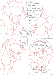 Size: 1505x2125 | Tagged: safe, artist:hyakuen, part of a set, apple bloom, applejack, earth pony, pony, series:my medium ungulate, them's fightin' herds, g4, angry, applejerk, bigotjack, comic, community related, crossover, eyebrows, eyebrows visible through hair, implied arizona, implied arizona cow, monochrome, part of a series, racism, simple background, speciesism, white background