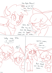 Size: 1505x2125 | Tagged: safe, artist:hyakuen, part of a set, apple bloom, arizona (tfh), cow, earth pony, pony, series:my medium ungulate, them's fightin' herds, g4, angry, arizonadorable, comic, community related, crossover, crying, cute, eyebrows, eyebrows visible through hair, implied applejack, implied racism, monochrome, part of a series, sad, simple background, teary eyes, white background