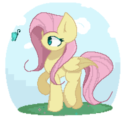 Size: 2150x2100 | Tagged: safe, artist:miryelis, fluttershy, butterfly, pegasus, pony, g4, cute, female, folded wings, full body, high res, looking, looking at something, mare, pixel art, raised hoof, raised leg, simple background, solo, standing, wings