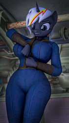 Size: 1440x2560 | Tagged: safe, artist:arcanetesla, oc, oc only, oc:velvet remedy, unicorn, anthro, fallout equestria, 3d, big breasts, breasts, busty velvet remedy, clothes, dressing, jumpsuit, solo, source filmmaker, struggling, vault suit, wide hips