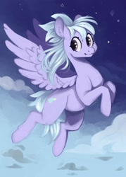 Size: 1750x2450 | Tagged: safe, artist:slimeprints, cloudchaser, pegasus, pony, g4, cloud, female, flying, looking at you, mare, night, smiling, solo
