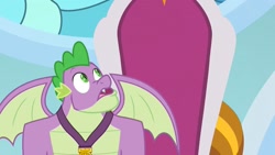 Size: 1280x720 | Tagged: safe, screencap, spike, dragon, g4, my little pony: friendship is magic, the last problem, gigachad spike, male, medal, older, older spike, solo, spread wings, throne, winged spike, wings