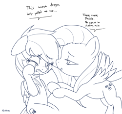 Size: 1376x1295 | Tagged: safe, artist:hyakuen, part of a set, fluttershy, rainbow dash, pegasus, pony, series:my medium ungulate, them's fightin' herds, g4, comforting, community related, crossover, crying, dialogue, eyebrows, eyebrows visible through hair, holding hooves, implied tianhuo, monochrome, part of a series, sad, simple background, white background
