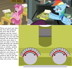 Size: 1934x1855 | Tagged: safe, screencap, a.k. yearling, rainbow dash, ruby pinch, pony, daring don't, g4, ponyville confidential, cropped, escii keyboard, explanation, female, filly, foal, text, typewriter