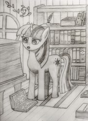 Size: 1567x2160 | Tagged: safe, artist:hory, twilight sparkle, pony, unicorn, g4, book, bookshelf, female, inkwell, library, monochrome, quill, room, sketch, solo, traditional art