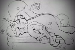 Size: 4061x2694 | Tagged: safe, artist:dsstoner, fancypants, pony, unicorn, g4, clothes, crying, distressed, dramatic, dramatic pose, fainting couch, food, hoof on head, ice cream, magic, monocle, open clothes, robe
