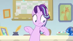 Size: 1280x720 | Tagged: safe, screencap, starlight glimmer, pony, unicorn, a horse shoe-in, g4, season 9, bipedal, bipedal leaning, female, geode, inkwell, leaning, quill, solo, starlight's office