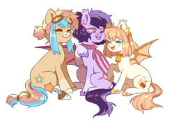 Size: 2010x1434 | Tagged: safe, artist:cheekipone, oc, oc only, oc:bloodmoon lullaby, oc:honey milk, oc:star screw, bat pony, pony, unicorn, 2022 community collab, derpibooru, derpibooru community collaboration, amputee, bat pony oc, bell, bell collar, blushing, choker, collar, ear piercing, earring, goggles, jewelry, one eye closed, piercing, prosthetic leg, prosthetic limb, prosthetics, raspberry, simple background, smiling, spiked choker, spread wings, tongue out, transparent background, trio, wings, wink