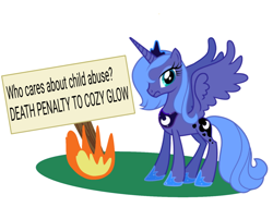 Size: 1424x1081 | Tagged: safe, artist:nitlynjane, princess luna, alicorn, pony, g4, 1000 hours in ms paint, :c, bad edit, burned, circle tool, clothes, cozy glow drama, crown, drama, eyeshadow, female, fire, frown, grass, implied child abuse, implied cozy glow, implied execution, jewelry, lidded eyes, luna burning a poster, luna is not amused, makeup, mare, op is trying to start shit, poster, quality, regalia, s1 luna, shoes, simple background, spread wings, text, unamused, vector, white background, wings