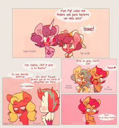 Size: 1200x1282 | Tagged: safe, artist:sockiepuppetry, hitch trailblazer, izzy moonbow, pipp petals, sprout cloverleaf, sunny starscout, zipp storm, earth pony, pegasus, pony, unicorn, g5, my little pony: a new generation, comedy, crying, fedora, harness pathfinder, hat, height difference, height joke, isaac crestie, mane five, obvious, pip corolla, ruined mascara, rule 63, sapling trefoil, sheriff, small pony, spanish, sprout joins the mane five, strong, sun starchaser, translation, translator:zariots, zip cyclone
