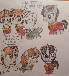 Size: 1173x1286 | Tagged: safe, artist:jebens1, pony, unicorn, comic, draco malfoy, fred weasley, frown, george weasley, harry potter, harry potter (series), hermione granger, insult, parody, pointing, ponified, ron weasley, scene interpretation, scene parody, scowl, traditional art, unamused