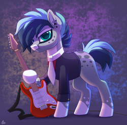 Size: 990x970 | Tagged: safe, artist:luminousdazzle, oc, oc only, oc:kyanite, earth pony, pony, ear piercing, earth pony oc, electric guitar, fender stratocaster, frown, guitar, looking at you, male, markings, musical instrument, necktie, piercing, simple background, solo, stallion, stratocaster