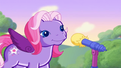 Size: 2204x1242 | Tagged: safe, screencap, starsong, pegasus, pony, g3, meet the ponies, starsong's dance & sing party, cute, female, looking at you, mare, microphone, microphone stand, outdoors, purple wings, smiling, smiling at you, solo, starsawwwng, that pony sure does love to sing, wings