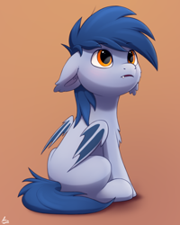 Size: 1600x2000 | Tagged: safe, artist:luminousdazzle, oc, oc only, oc:speck daelyn, bat pony, pony, chest fluff, colt, cute, floppy ears, foal, looking up, male, ocbetes, simple background, sitting, solo, younger