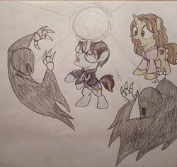 Size: 1258x1191 | Tagged: safe, artist:jebens1, pony, unicorn, blast, dementor, harry potter, harry potter (series), hermione granger, magic, magic blast, open mouth, parody, ponified, rearing, scene parody, shocked, traditional art