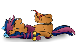 Size: 1280x720 | Tagged: safe, artist:thebrony700, oc, oc only, oc:solar comet, earth pony, pony, blank flank, clothes, crying, disguised changedling, earth pony oc, eyelashes, eyes closed, feather, fetish, hoof fetish, hoof tickling, laughing, lying down, male, on back, open mouth, open smile, ribbon, rope, scarf, shadow, simple background, smiling, solo, tears of joy, tickle fetish, tickling, tied up, white background