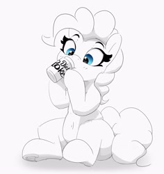 Size: 3450x3653 | Tagged: safe, artist:pabbley, pinkie pie, earth pony, pony, g4, belly button, diet coke, drink, drinking, female, grayscale, high res, mare, monochrome, partial color, raised hoof, simple background, sitting, soda, soda can, solo, underhoof, white background