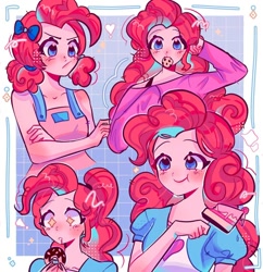 Size: 1080x1118 | Tagged: safe, artist:error_707lol, pinkie pie, equestria girls, equestria girls series, g4, spoiler:eqg series (season 2), bare shoulders, blushing, bow, cake, cookie, cute, diapinkes, donut, eating, female, food, ponytail, sleeveless, solo, sparkly eyes, wingding eyes