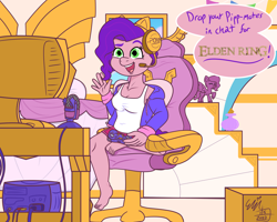Size: 3000x2400 | Tagged: safe, artist:erynerikard, pipp petals, pegasus, anthro, plantigrade anthro, g5, my little pony: a new generation, barefoot, breasts, chair, cleavage, clothes, controller, digital art, elden ring, equine, feet, game console, gamer, gamer pipp, gaming chair, gaming headset, headset, high res, hoodie, livestream, microphone, monitor, office chair, pippsqueaks, solo, this will end in rage, this will not end well, toy, toy interpretation
