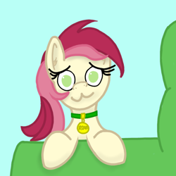 Size: 800x800 | Tagged: safe, artist:kanw, roseluck, earth pony, pony, g4, :3, armchair, behaving like a cat, chair, collar, cute, pony pet, rosabetes, rosepet, simple background, solo