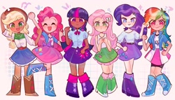 Size: 3246x1859 | Tagged: safe, artist:error_707lol, applejack, fluttershy, pinkie pie, rainbow dash, rarity, twilight sparkle, alicorn, equestria girls, g4, clothes, cute, dark skin, female, human coloration, humane five, humane six, looking at you, open mouth, open smile, skirt, smiling, sweat, twilight sparkle (alicorn)