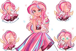 Size: 1080x720 | Tagged: safe, artist:error_707lol, fluttershy, human, g4, blushing, clothes, cookie run, cookiefied, doll, dress, female, heart, humanized, looking at you, open mouth, open smile, smiling, solo, toy, winged humanization, wings