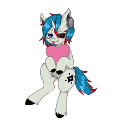 Size: 1000x1000 | Tagged: safe, oc, oc:tiankai, pony, unicorn, black sclera, clothes, headphones, heart, horn, looking at you, red eye, red eyes, scarf, simple background, sitting, solo, tongue out, unicorn oc, white background