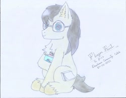 Size: 3291x2550 | Tagged: safe, artist:fliegerfausttop47, derpibooru exclusive, oc, oc only, oc:paperback novel, earth pony, pony, arm fluff, black hair, blue eyes, cheek fluff, chest fluff, cute, ear fluff, glasses, high res, holding, hoof fluff, leg fluff, looking at you, notebook, shoulder fluff, signature, simple background, smiling, solo, tan coat, unshorn fetlocks, white background